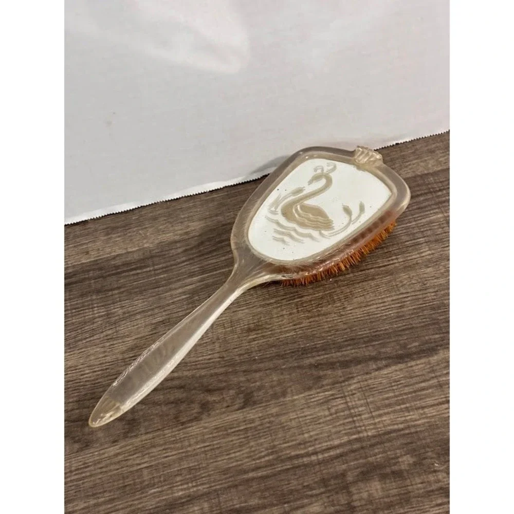 Vintage Lucite Hair Brush Etched Swan Design Clear Plastic Made in USA 10.5 Inch